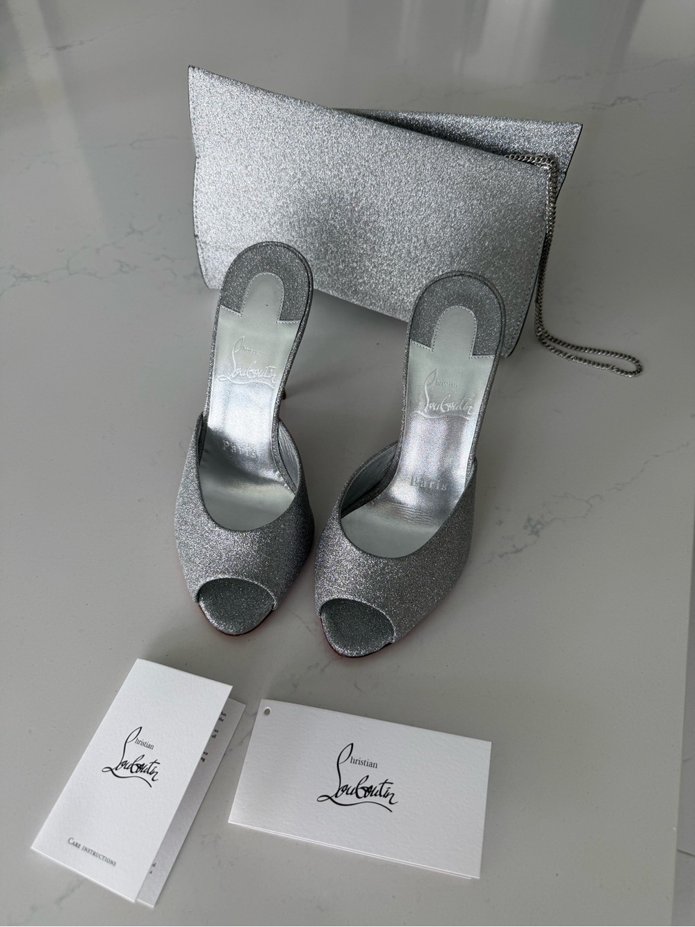 Christian Louboutin Silver Glitter Peep-Toe Mules with Red Soles - Picture 3 of 11